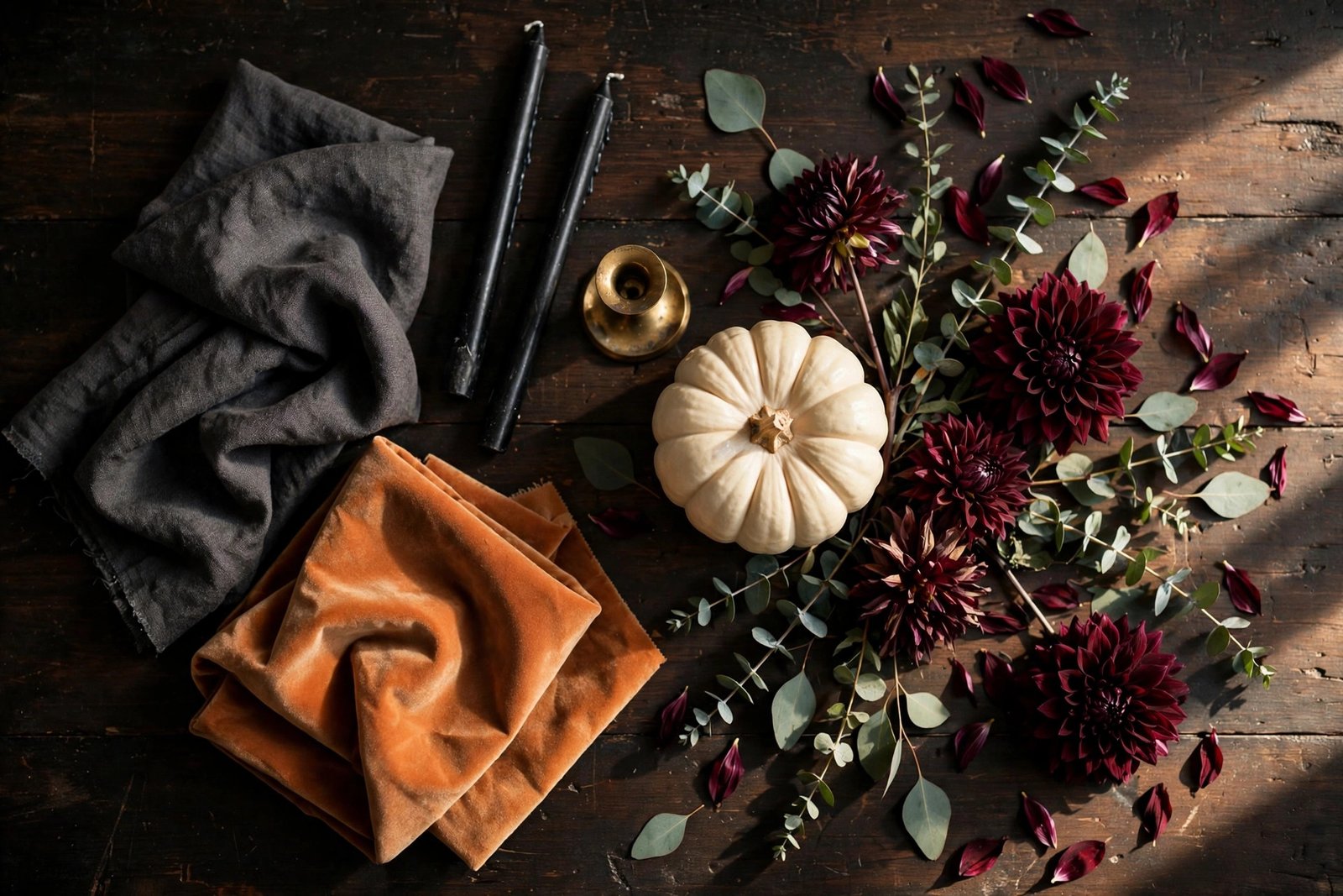 Neutral Halloween decor palette with black candles, cream pumpkin and dried florals
