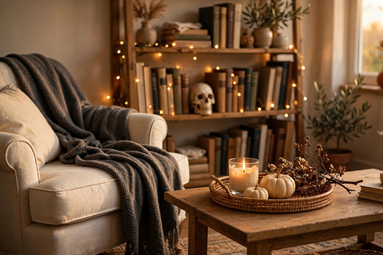 Small living room with sophisticated Halloween decorations and warm candlelight