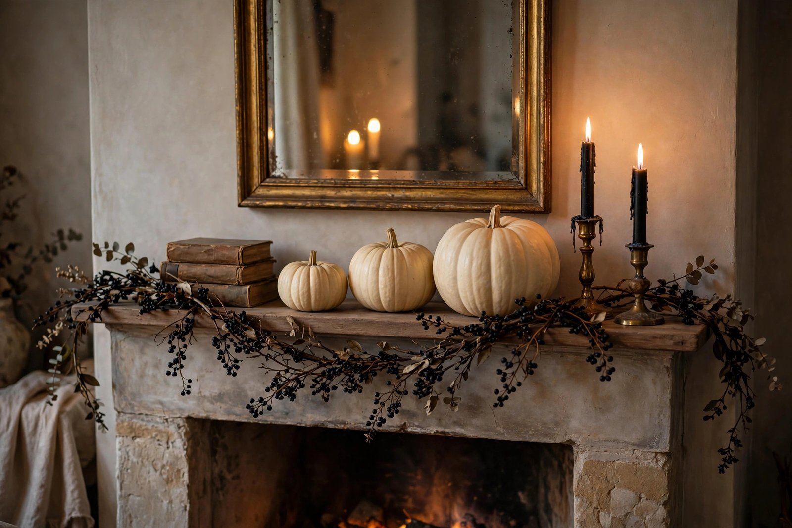 Elegant Halloween mantel decor with cream pumpkins, black candles and branch garland