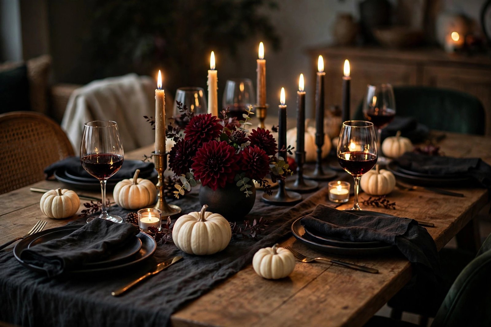 Elegant Halloween table decor with taper candles, dark florals and pumpkins