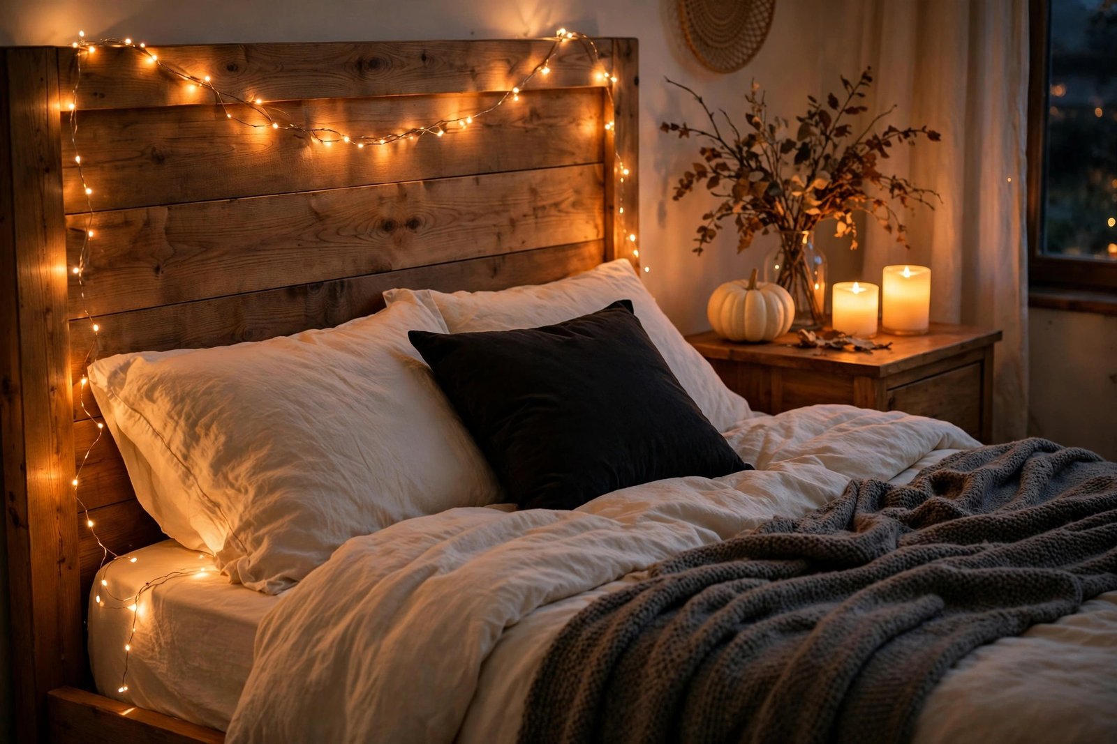 Bedroom with subtle Halloween decor, fairy lights and warm candle glow