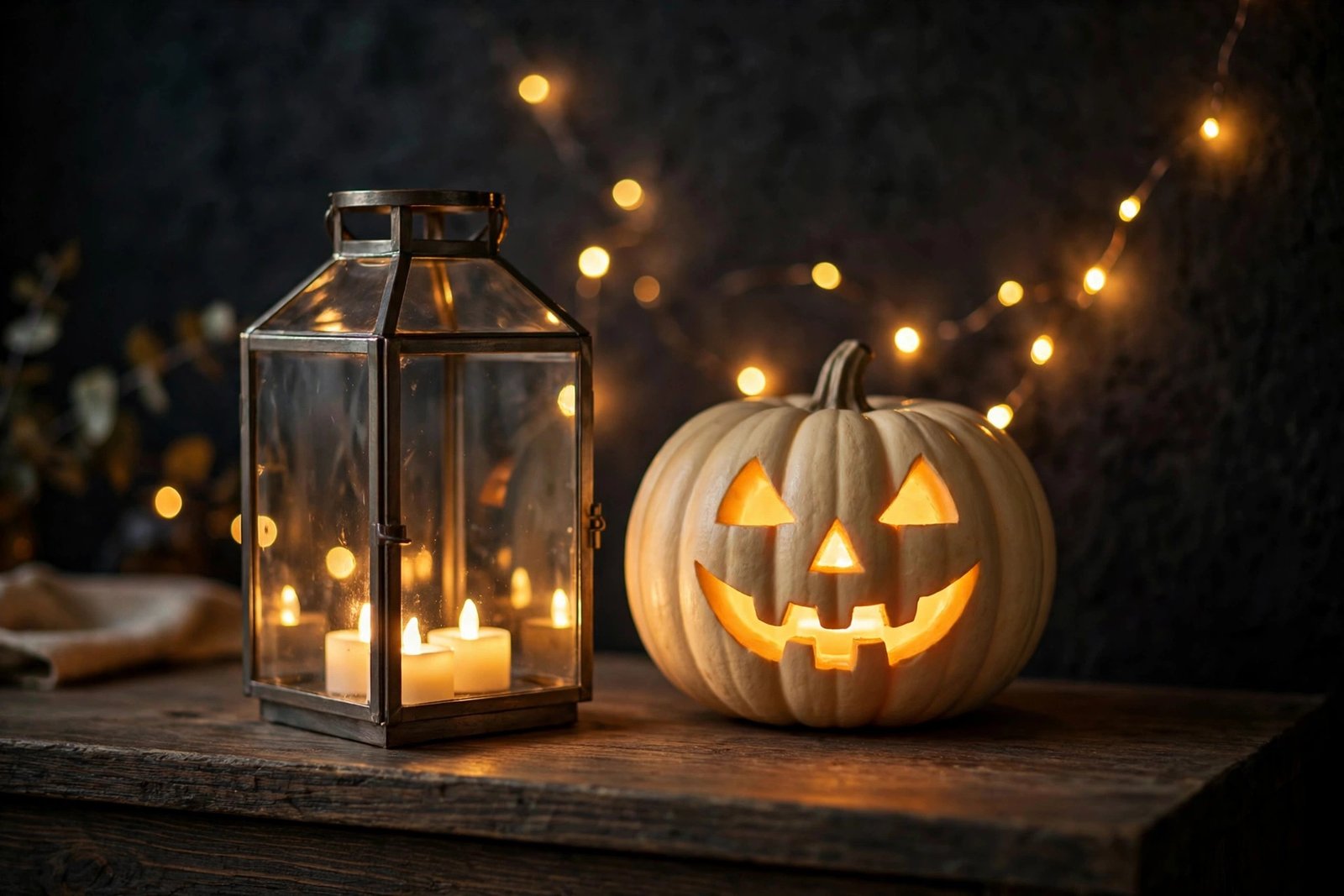 Halloween lighting ideas with LED candles, lit pumpkin and fairy lights