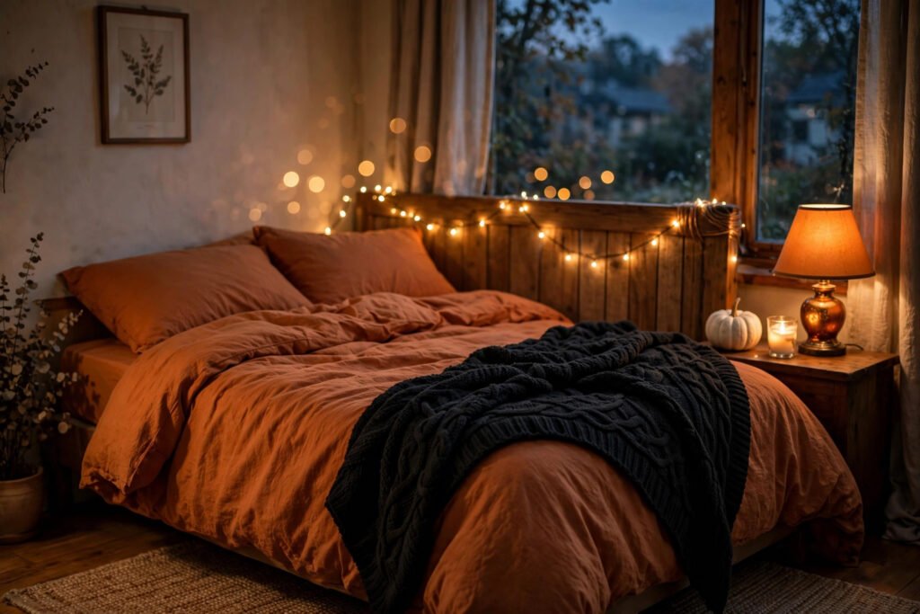 Cozy Halloween bedroom decor with burnt orange bedding, fairy lights and white pumpkins