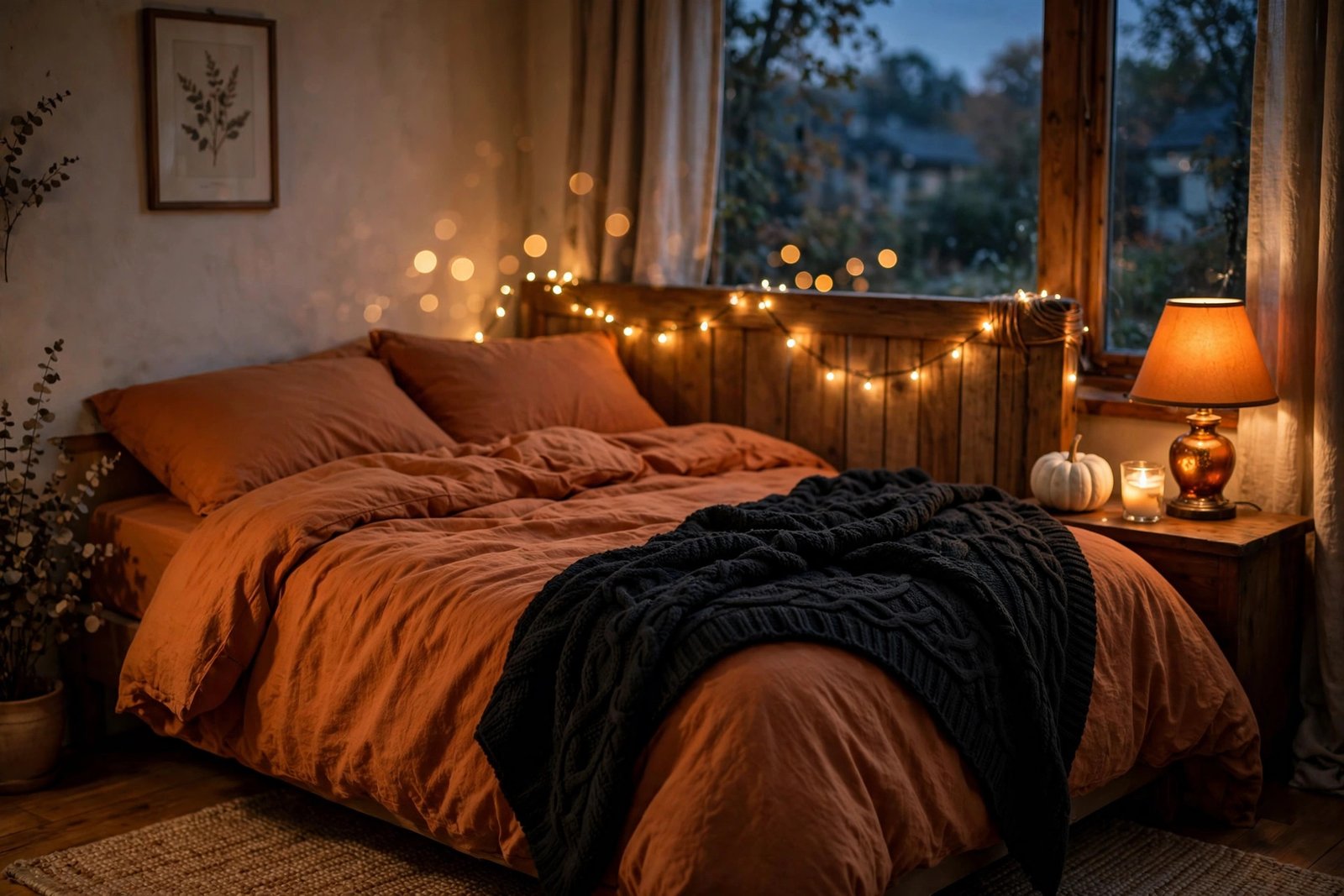 Cozy Halloween bedroom decor with burnt orange bedding, fairy lights and white pumpkins