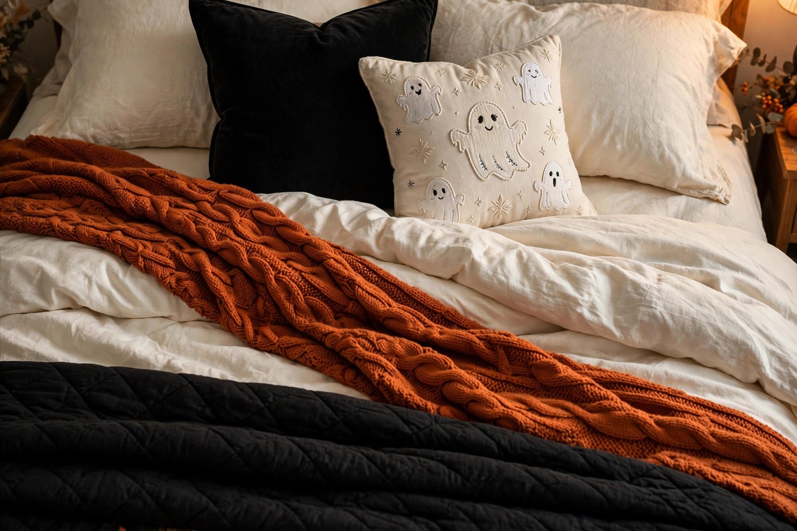 Layered Halloween bedding in cream, black and burnt orange textures