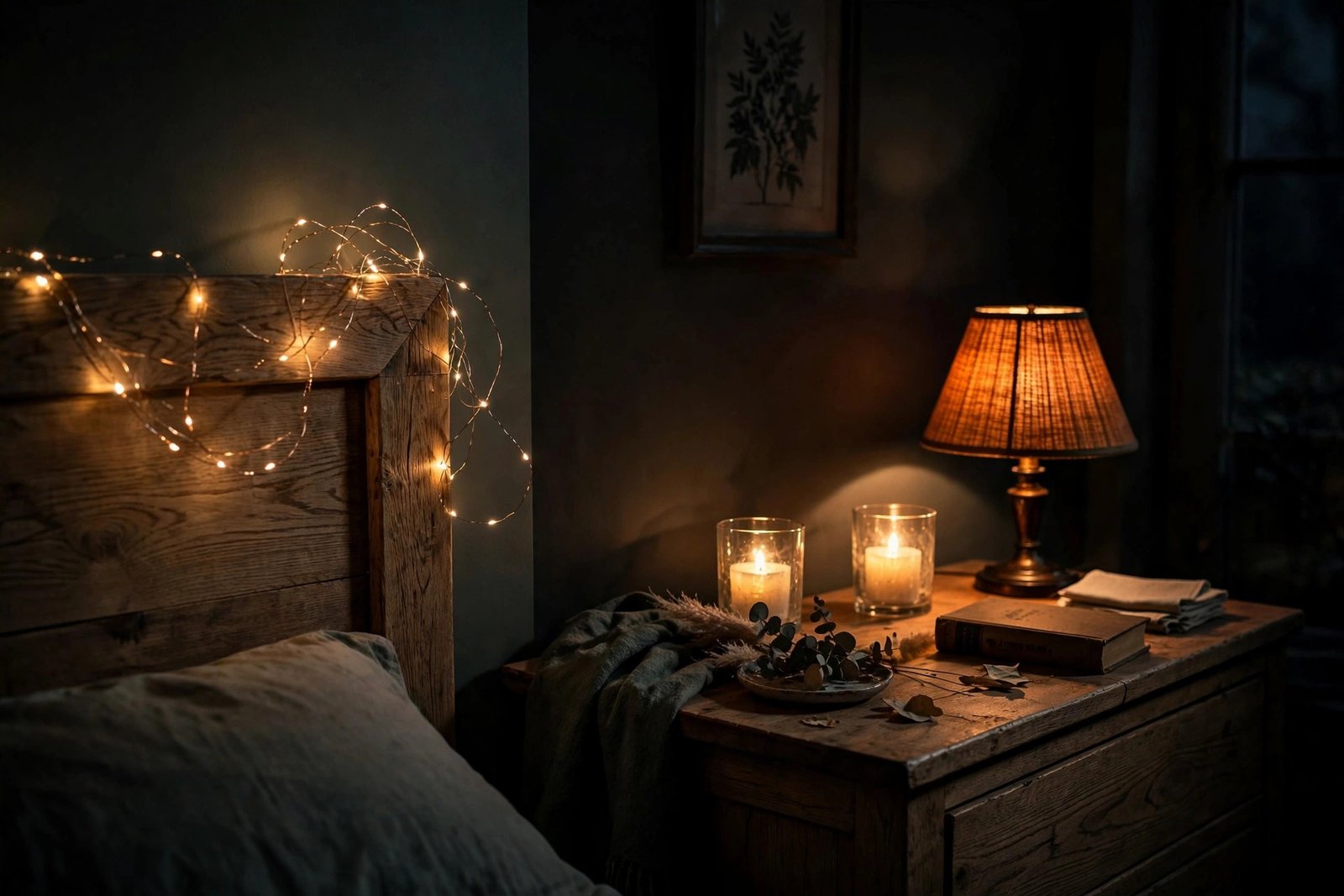Cozy Halloween bedroom lighting with fairy lights and candles