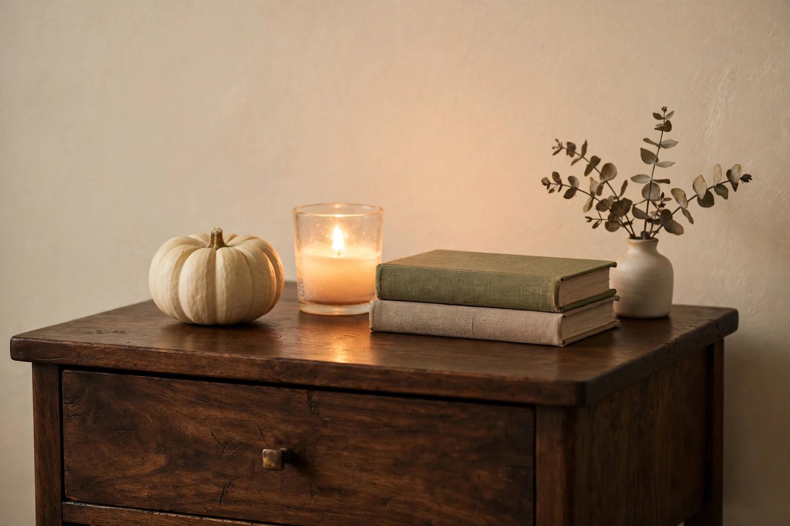 Pumpkin bedroom decor styled on a nightstand with candle and books
