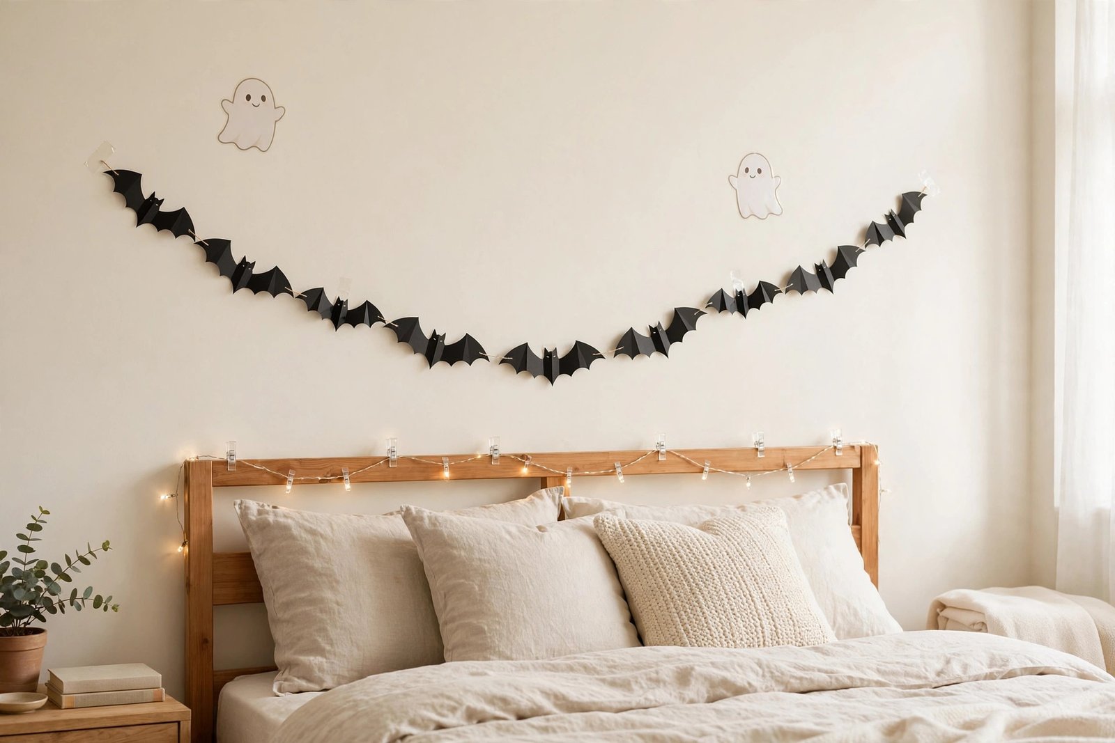 Renter-friendly Halloween bedroom wall decor with bat garland