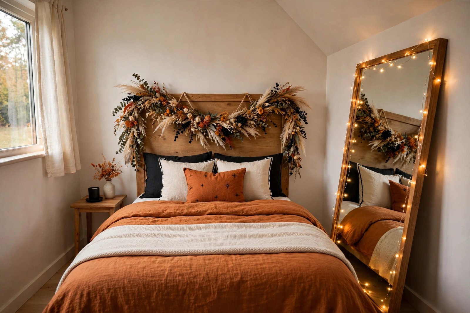 Halloween bedroom aesthetic in a small bedroom with garland and mirror