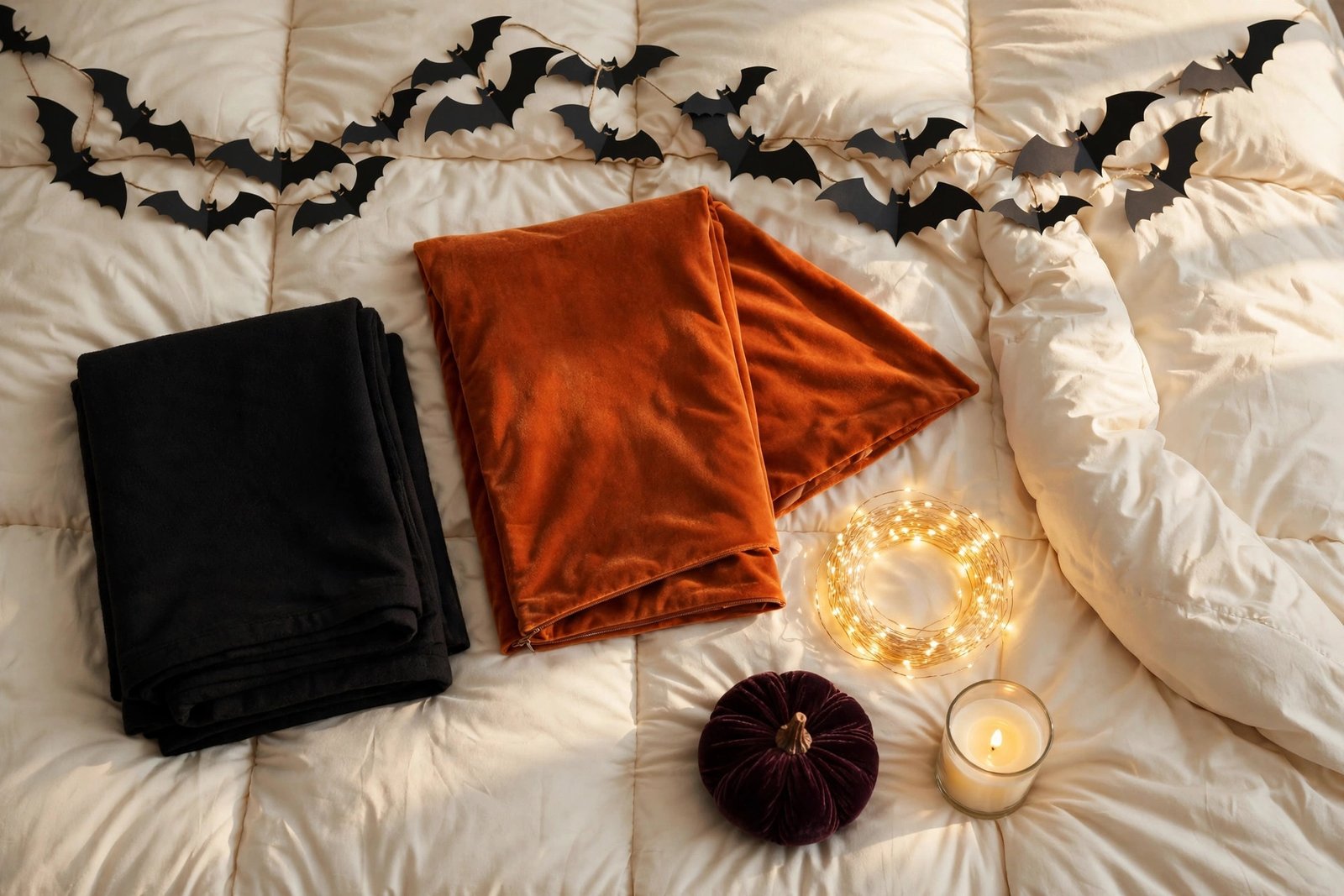 Halloween bedroom decorations laid out for a one-hour makeover