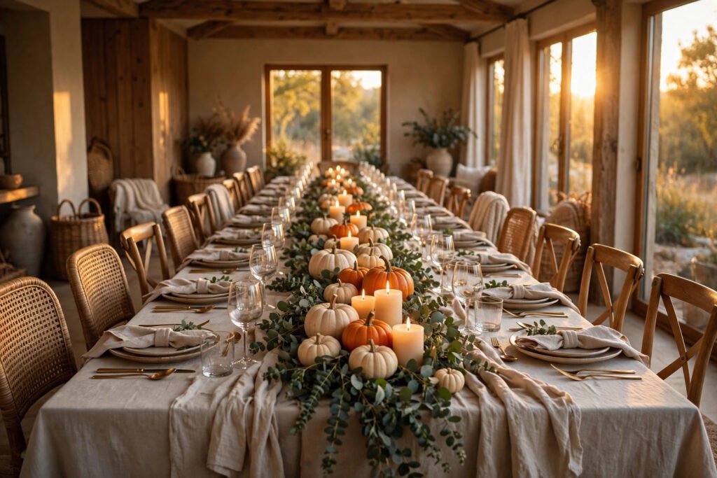 Thanksgiving table decor for a large group with a long table, pumpkins and candlelight