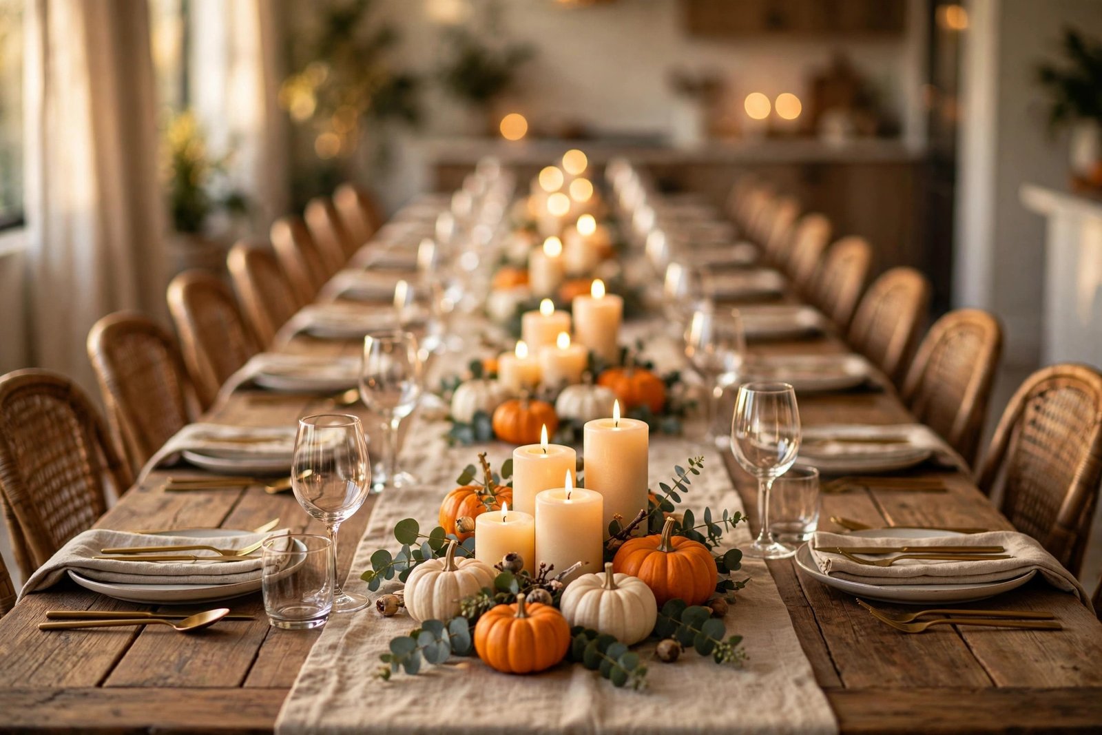 Long Thanksgiving table decor with repeating candle and pumpkin clusters