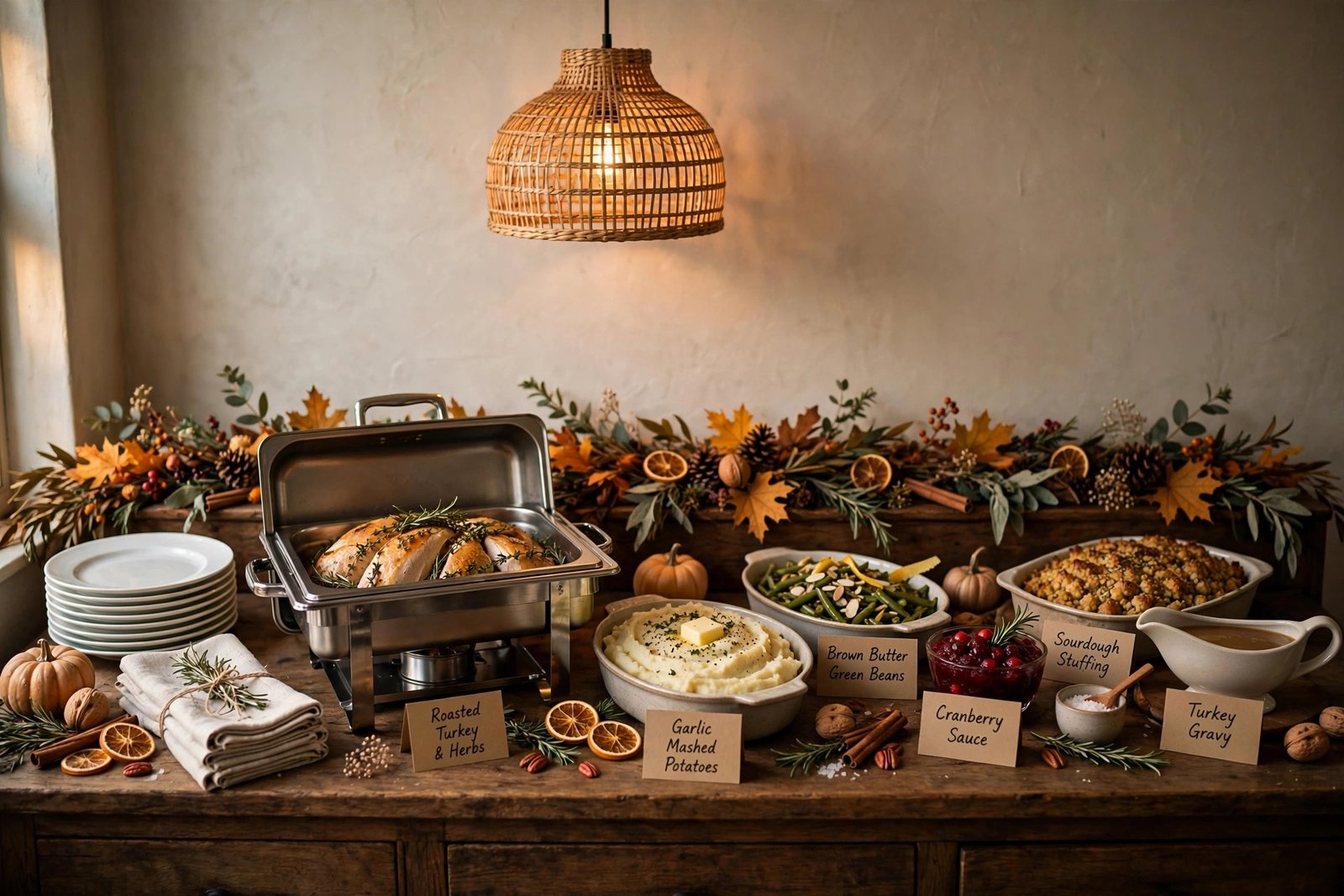 Thanksgiving buffet table ideas with labeled serving dishes and stacked plates