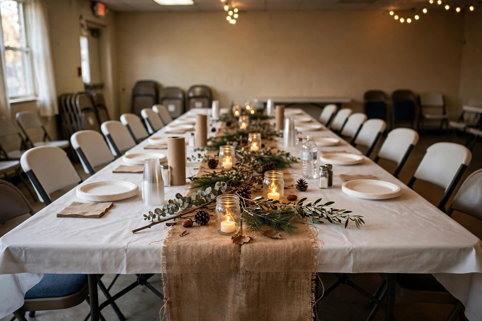 Budget Thanksgiving table decor for a large group with folding tables and mason jar candles