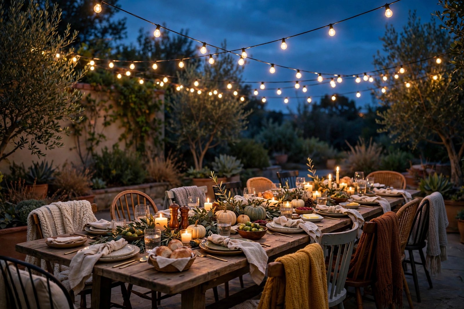 Outdoor Friendsgiving table decor for a large group with string lights