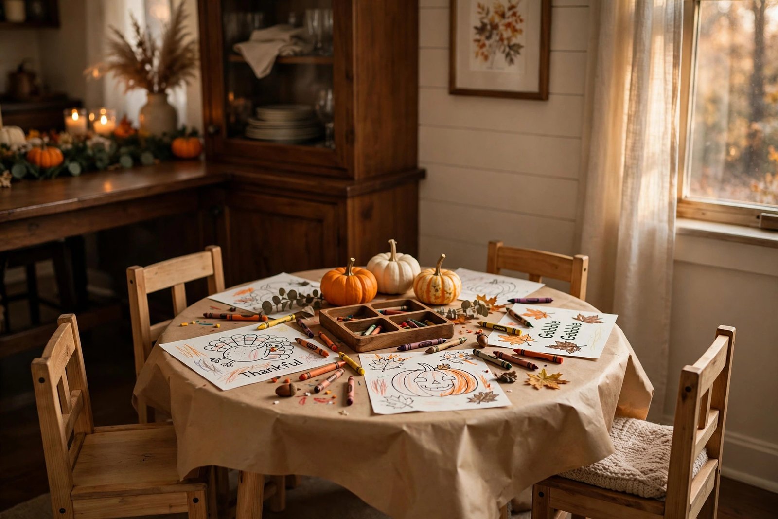 Thanksgiving kids table decor with kraft paper covering and crayons for a large family gathering