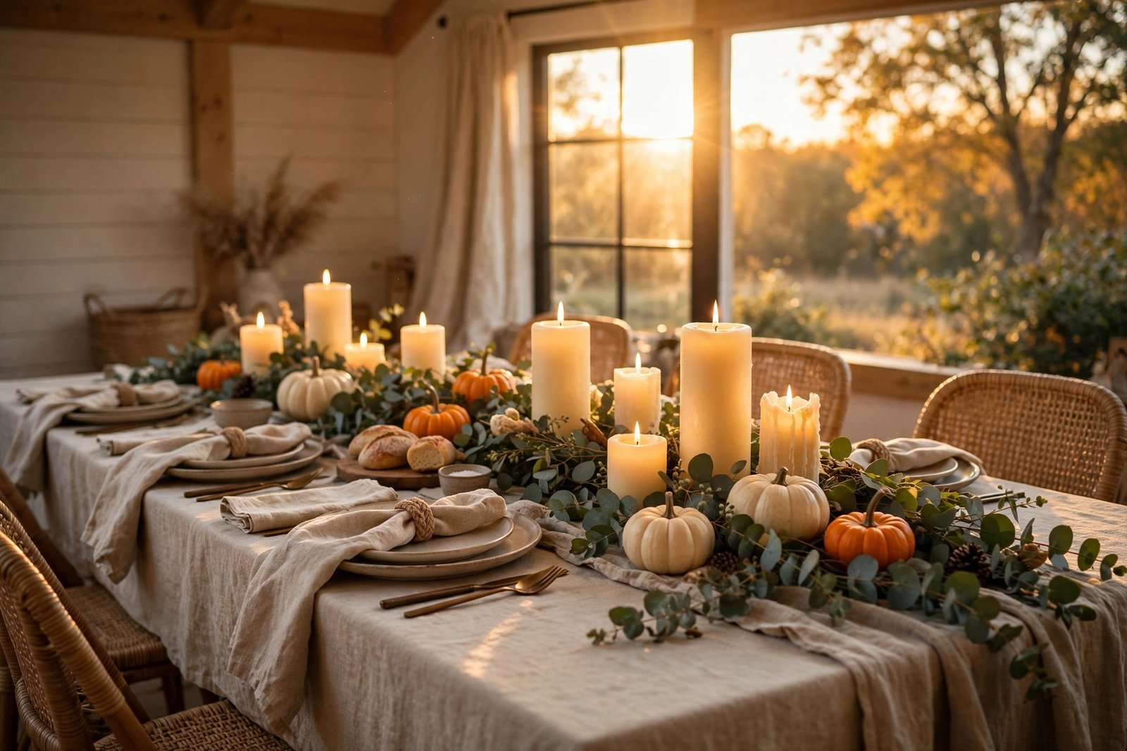 Easy Thanksgiving table decor with pumpkins, eucalyptus garland and glowing candles