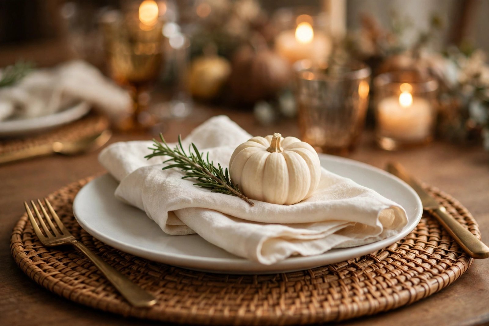 Layered Thanksgiving table setting with linen napkin, brass cutlery and mini pumpkin