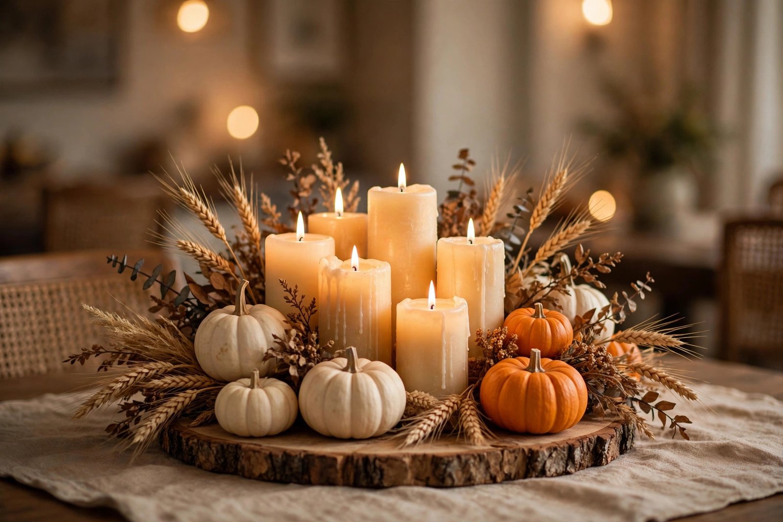 Low Thanksgiving centerpiece with pillar candles, white pumpkins and dried wheat