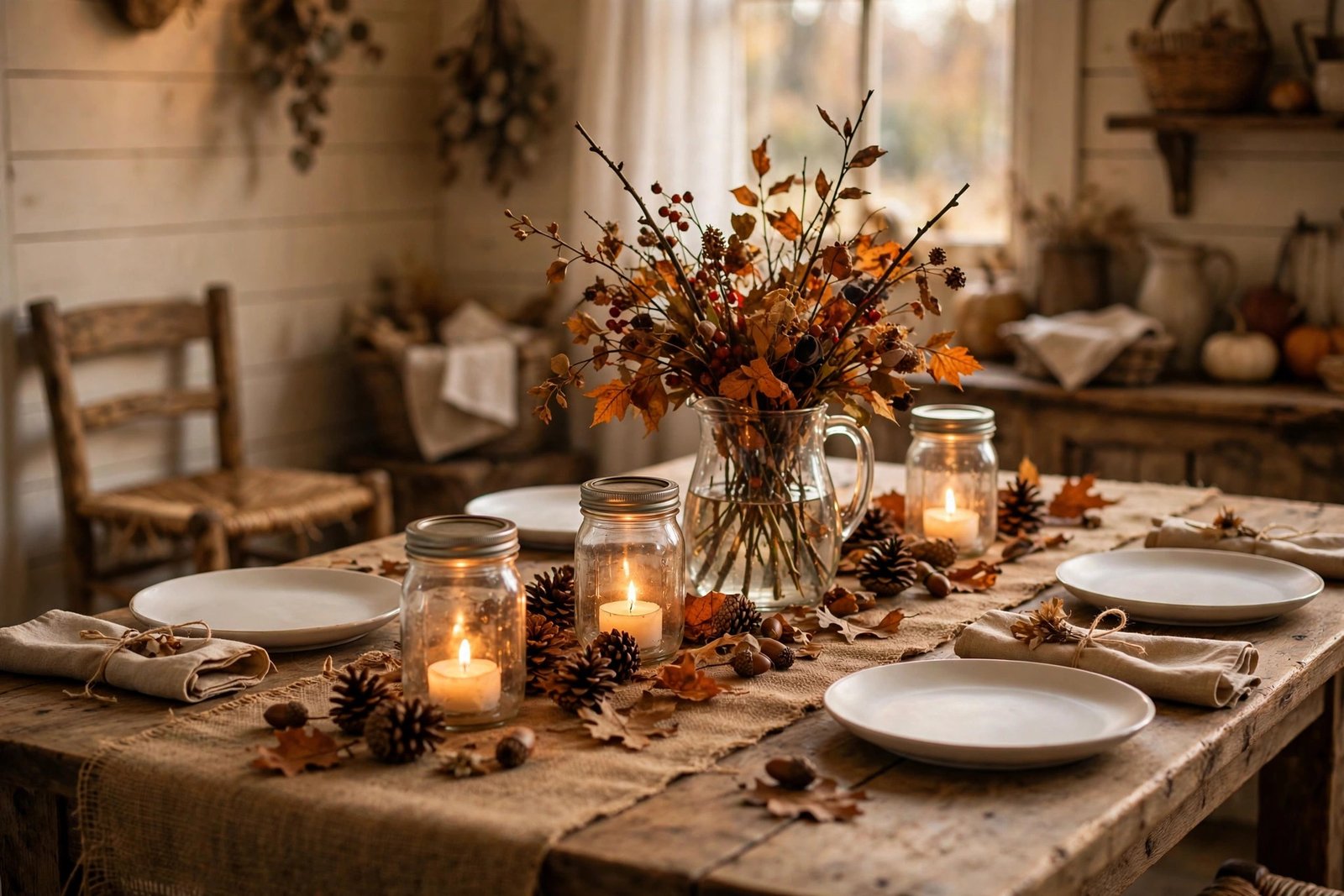 Budget Thanksgiving table decor with mason jar candles, pinecones and foraged branches