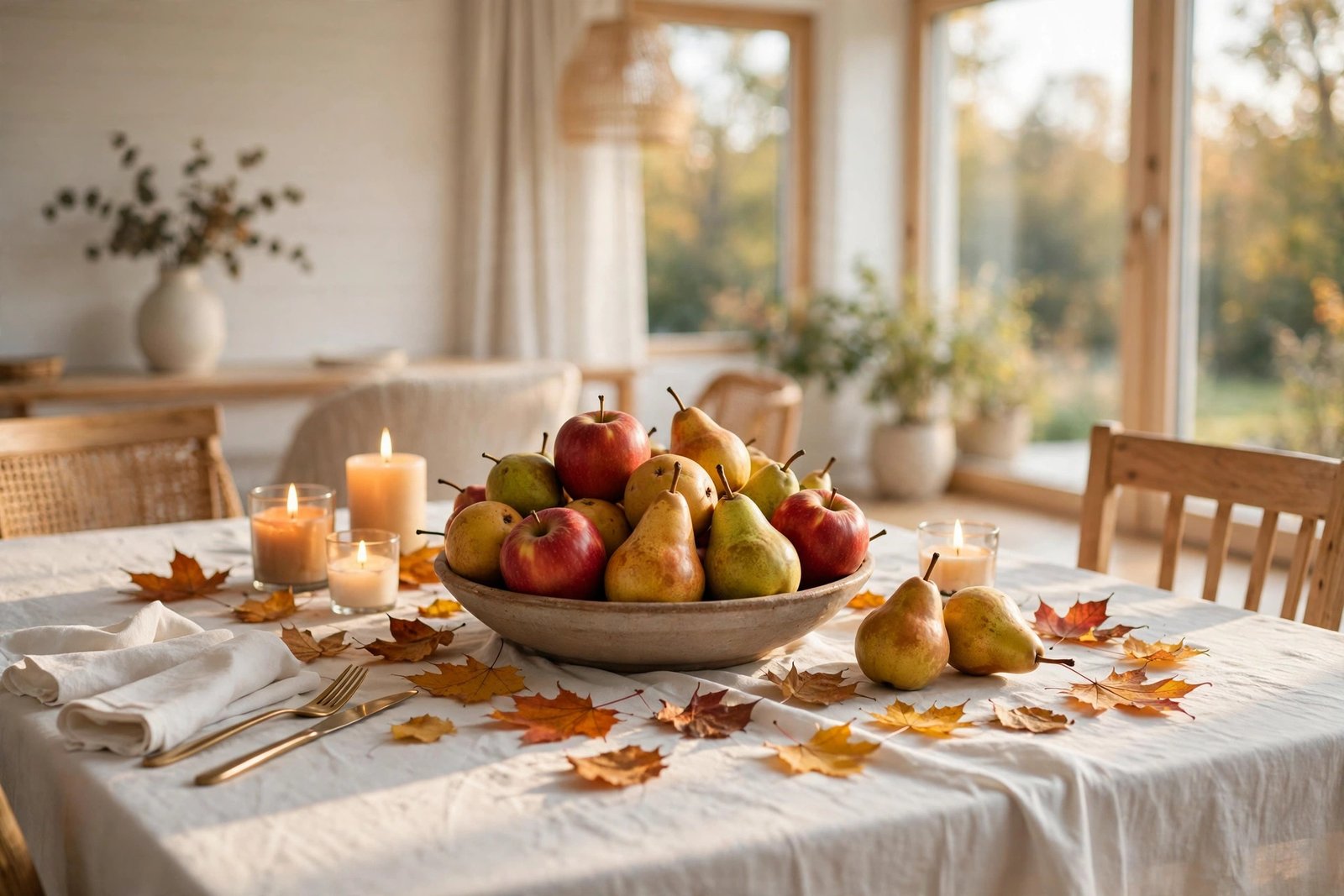 Simple last-minute Thanksgiving table with a fruit bowl centerpiece and fall leaves