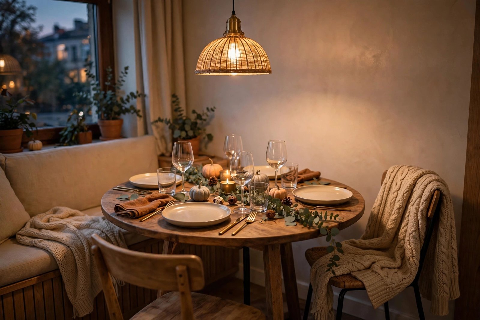 Cozy small-space Thanksgiving table decor in an apartment dining nook