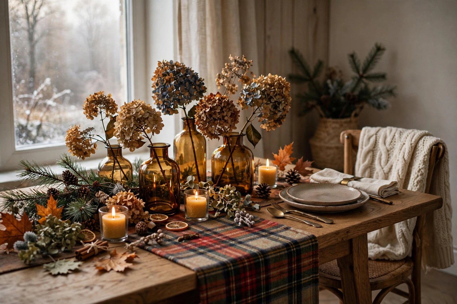 Fall table decor ideas with amber glass, dried flowers and plaid that last past Thanksgiving